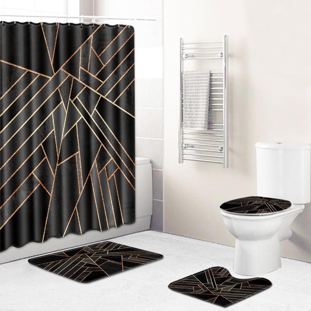 Retro Geometric Bathroom Four-Piece Waterproof Shower Curtain Bedroom Non-Slip Carpet Floor Mat Door Mat