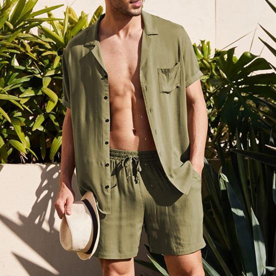 2 Pcs/Set Summer Shorts Suit Solid Color Turn-down Collar Single-breasted Soft Men Tracksuit for Beach