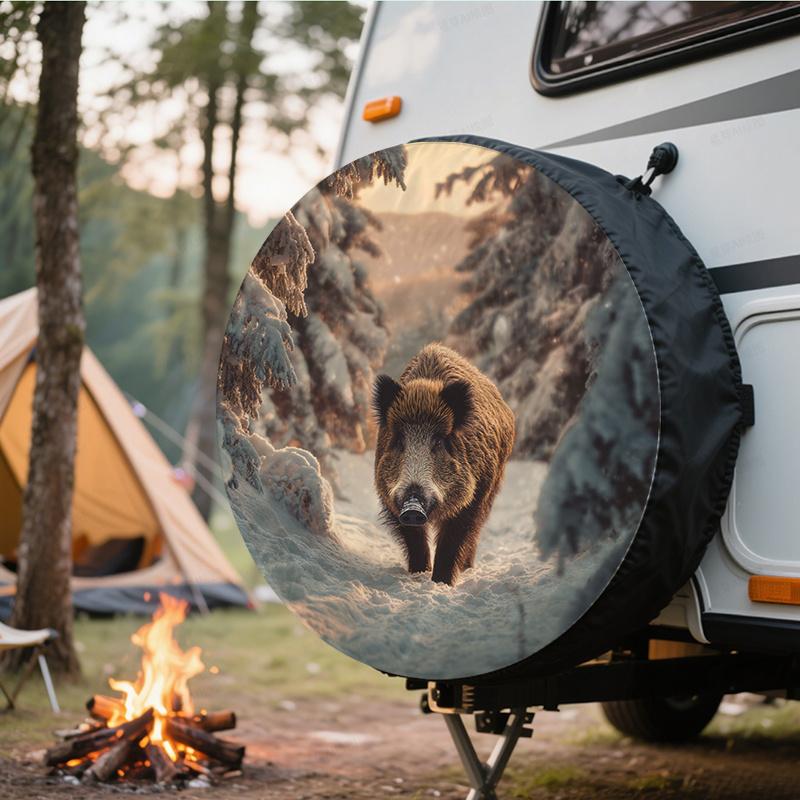 Winter Forest Wild Boar Pattern Polyester Fiber Tire Cover, Protects Spare Tires From Dust And Wear, Compatible With Various Veh