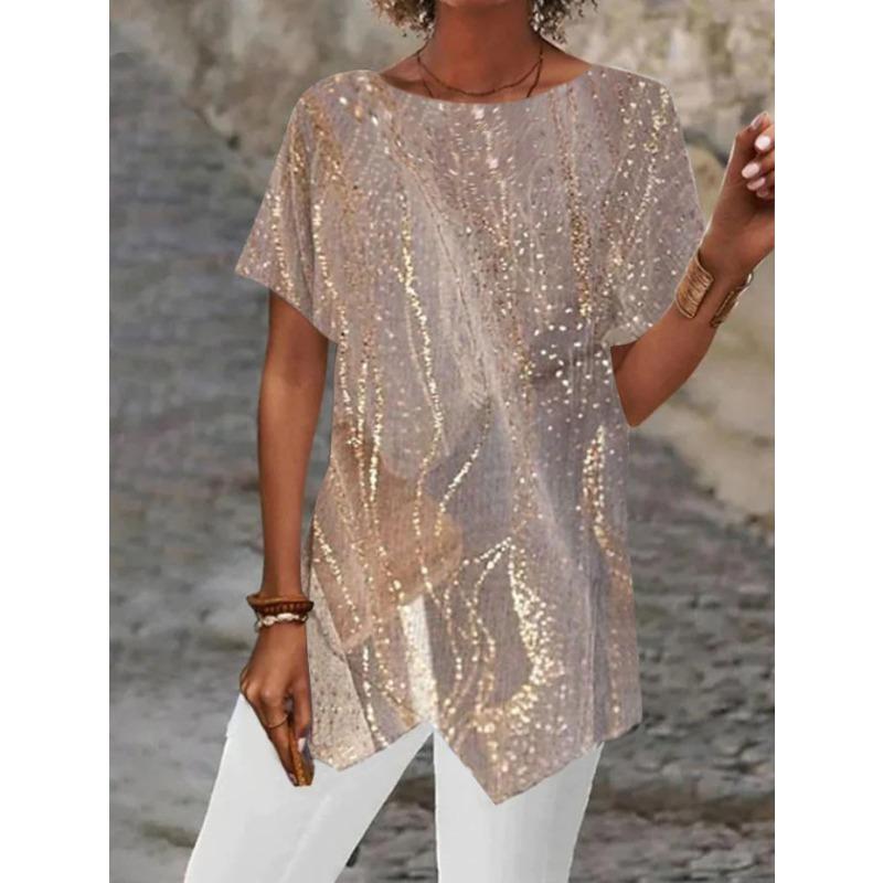Haut Tunique Ample à Manches Courtes et Imprimé Géométrique Abstrait à Ourlet Irrégulier pour Femme Blouse Décontractée