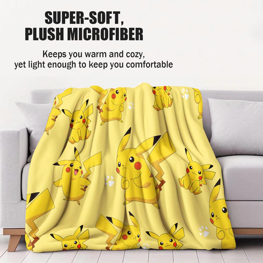 Cute Pokemon Pikachu AllOver Printed Flannel Throw Blanket Gift Winter Warm Blanket for Living Room Sofa Bed Camping Trip