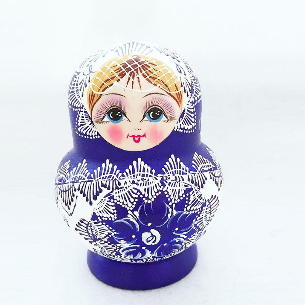 10Pcs/Set Wood Russian Nesting Dolls Blue Floral Print Handmade Matryoshka Wooden Doll Toys 10 Layer Cartoon Stacking Dolls