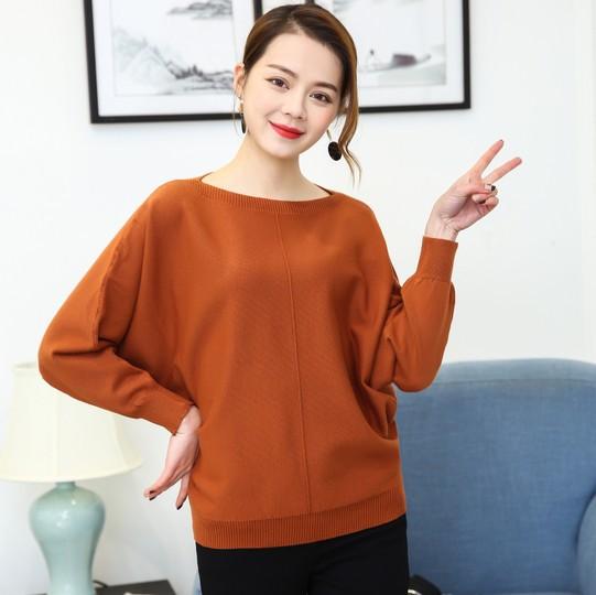 2021 autumn and winter new Dalang women's knitted sweater one-word neck loose pullover sweater batman fashion solid color top