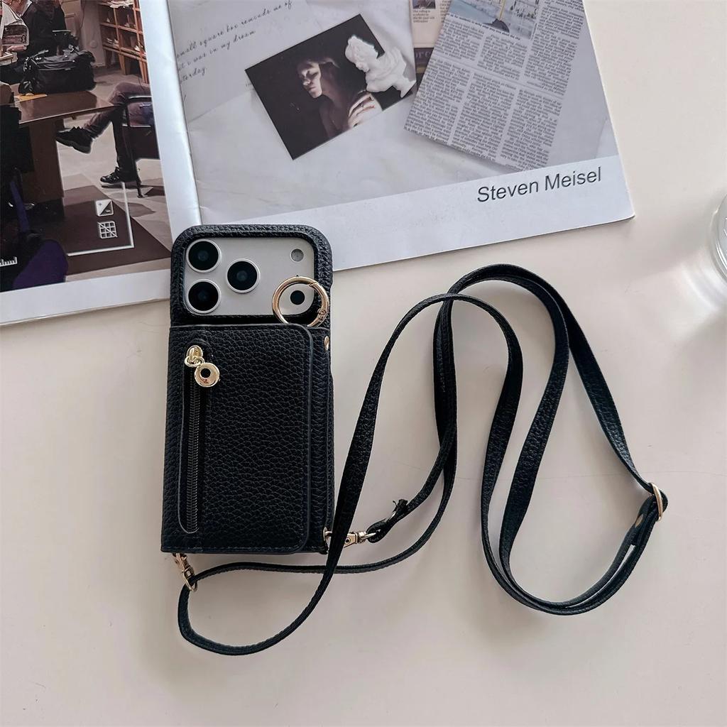 Crossbody Zipper Wallet with Card Holder Phone Case for IPhone Air 17 14 11 Pro Max 13 12 16 15 Plus Ring Stand Leather Cover