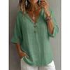 Blusa Casual da Donna con Scollo a V, Maniche a 3/4, Dettaglio Bottoni, Misto Lino