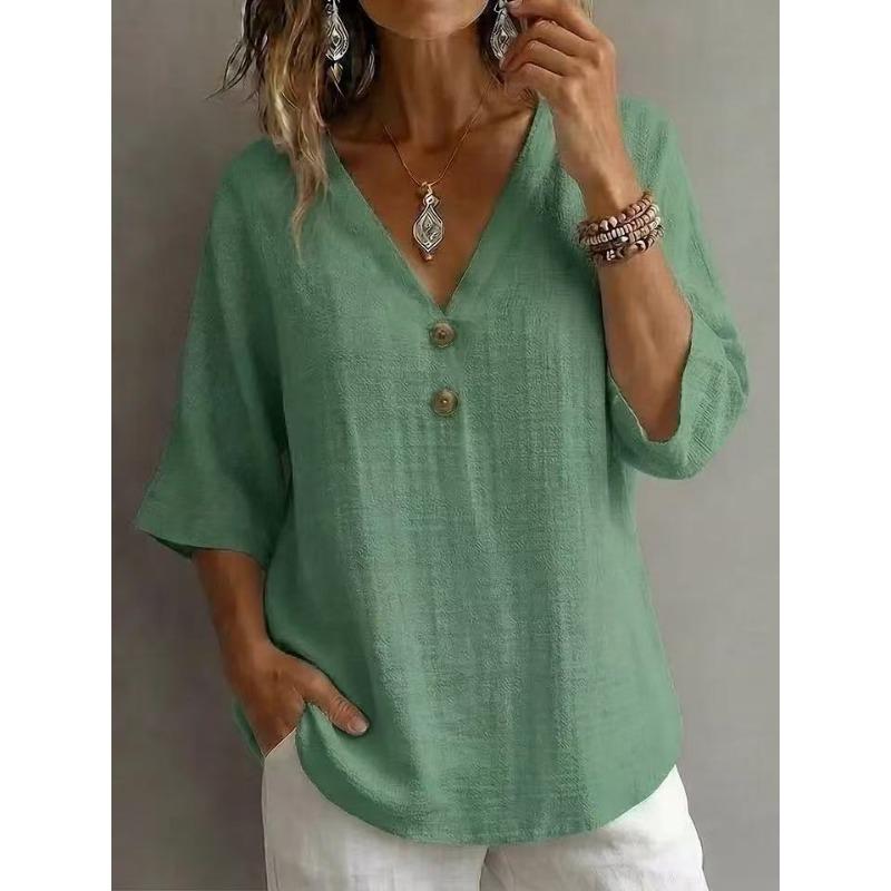 Blusa Casual da Donna con Scollo a V, Maniche a 3/4, Dettaglio Bottoni, Misto Lino