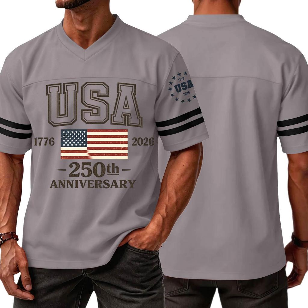 Men's V Neck Short Sleeve Sports T Shirt with USA 250th Anniversary 1776 2026 Print Casual Fashion Jersey Style Top
