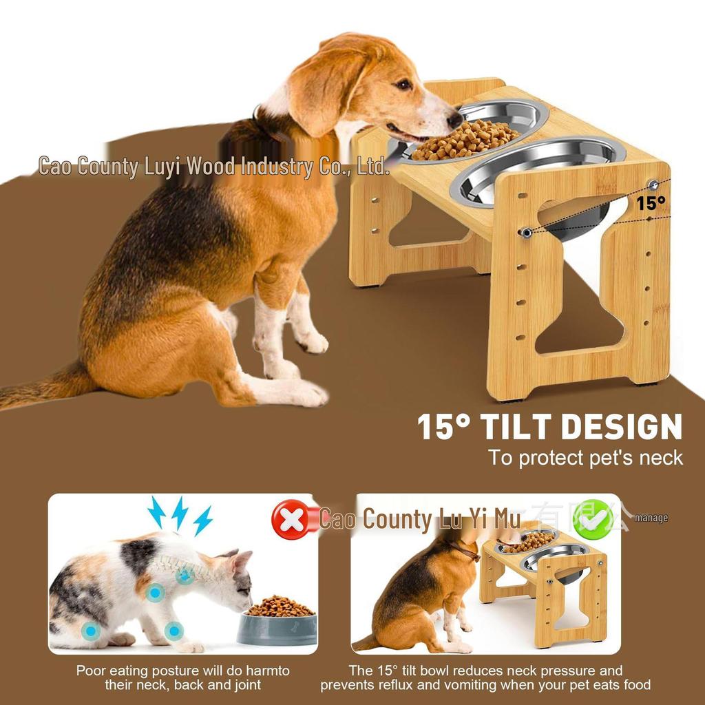 Adjustable Bamboo Dog Bowl Stand