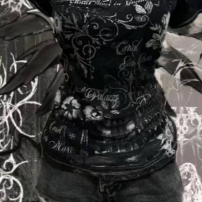 Camiseta de Manga Corta American Vintage Y2K Punk Rock con Pedrería de Cristal para Mujer Años 2000 Slim Sexy Casual Moda Ropa de Verano Ins