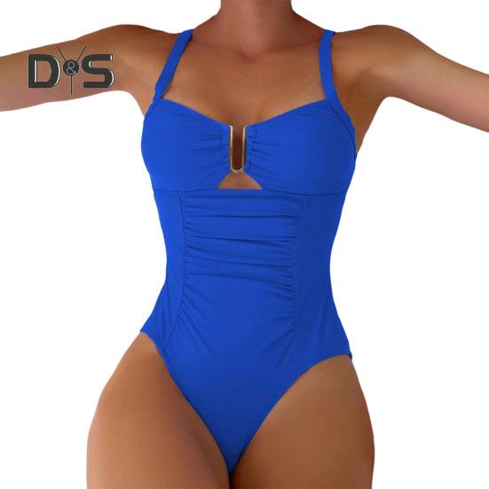 

Женский монокини с V-образным вырезом без рукавов, с высокой талией, цельный бикини, однотонный, быстросохнущий купальный костюм S синий