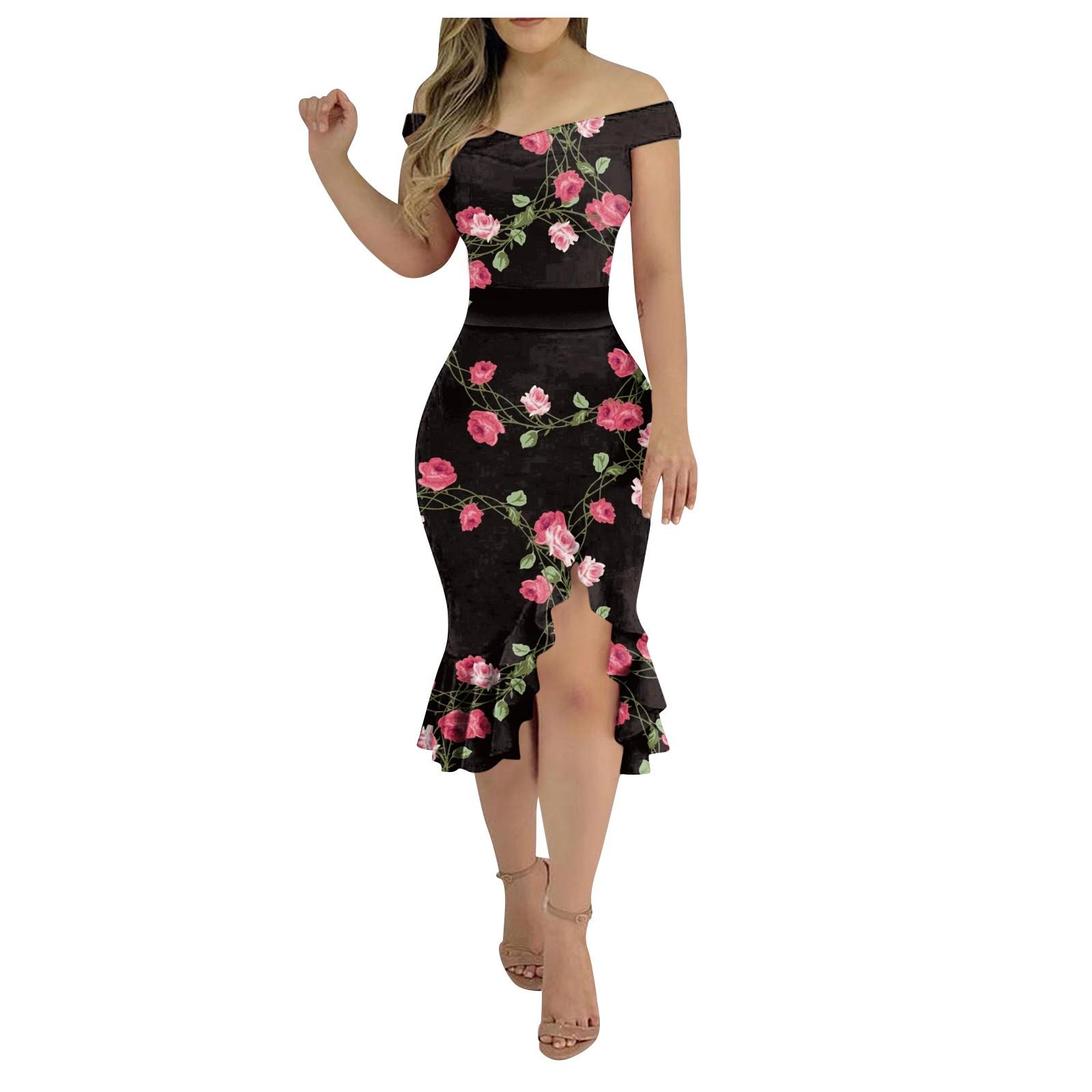 

Женские повседневные платья для вечеринок с цветочным принтом, нерегулярный подол на одно плечо, сексуальное платье русалки с открытой спиной M чёрный