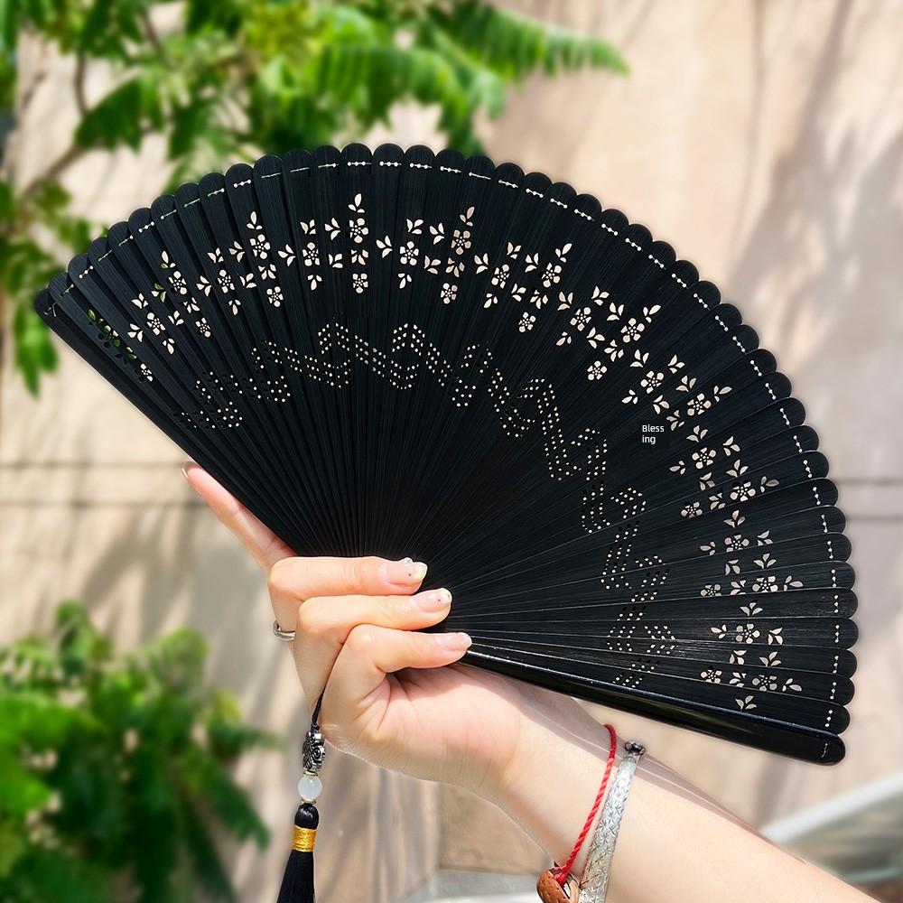 Chinese Style Green Bamboo Fan for Women, Hollow Floral Folding Fan, Traditional Portable Easy-To-Open and Close Hanfu Dance Fan