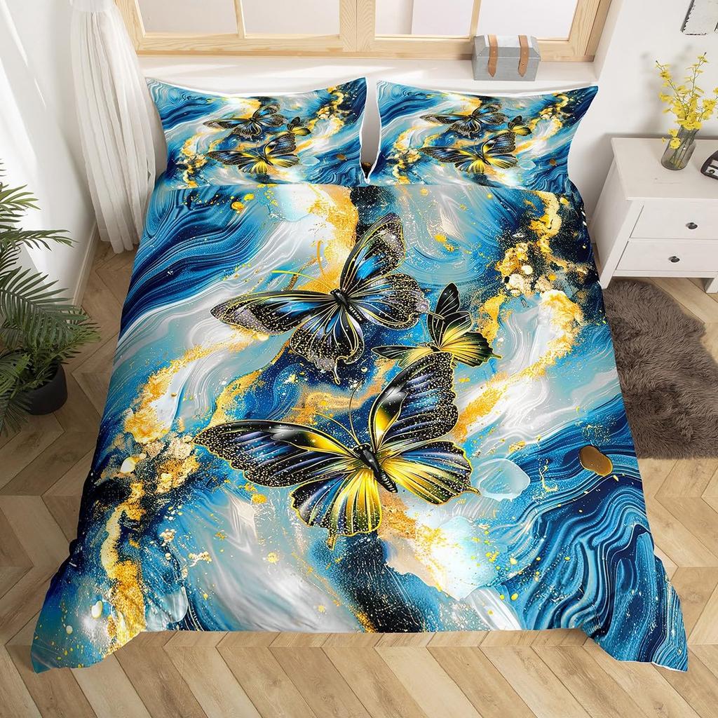 Black Marble Duvet Cover Set Teal Butterfly Comforter Cover,Red Marbling Bedding Sets Full,Abstract Ombre Ink Fluid Art Bed Set