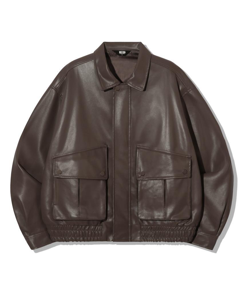 Trillion Vegan Leather Two-Pocket Blouson Jacket [Brown]