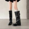 Square boots, stacked black locomotive boots, fashionable new pleated thick heels, trousers, belt buckle, long boots for women