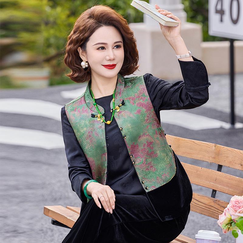 

2026 Spring/Autumn Women s High-End Silk Velvet Patchwork Vest - New Chinese Style, Round Neck 3XL зелёный
