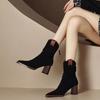 Women's Black Suede Pointed Toe Chunky Heel Ankle Boots with Back Zipper - Versatile Autumn/Winter Western Style.