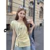 Women's Summer Korean Style Pleated Waist Lace-Up Slim Fit Short-Sleeve T-Shirt