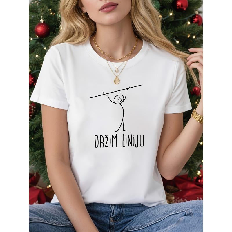 

Women s T-shirt, Croatian DRIM LINIJU I Stand My Ground Theme Print with Minimalist Line Art, Black Short-sleeve Round-neck Printed T-shirt 4XL білий