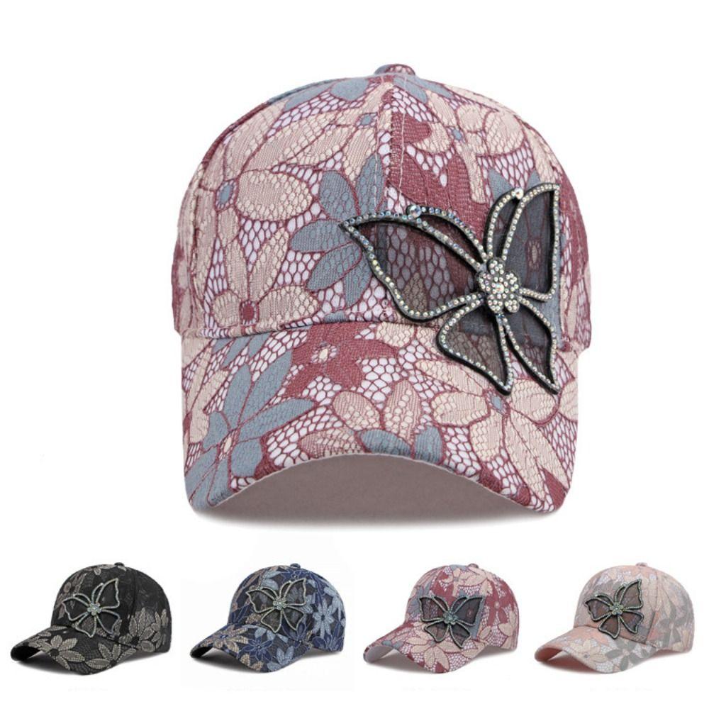 Atmungsaktive Spitze Floral Baseballkappe Netz Verstellbar Strass Schmetterling Baseballhut Outdoor Sonnenhut Für Mann Frau Unisex