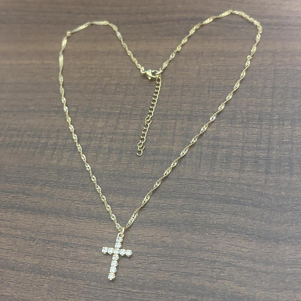 Eco-friendly Brass Cross Necklace - 18K Gold Water Wave Chain with Zircon Accents