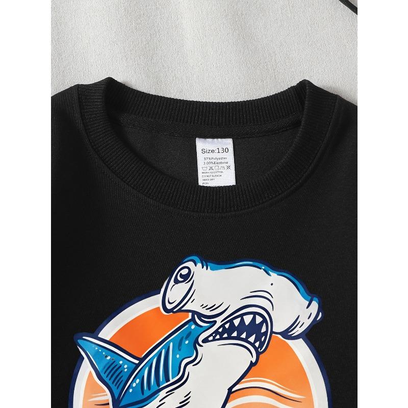 Shark Attack Ocean Wave Design Girls' Crew Neck Fashion Sweatshirt, Autumn and Winter Western Style Top, Children's Long Sleeved T-shirt