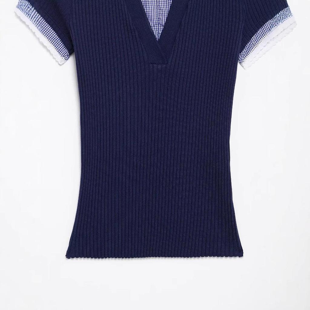 2025 European & American Style Women's Spring Ribbed T-Shirt with Turn-Down Collar