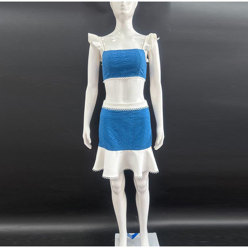 

Женские комплекты 2025 года с оборками, безрукавки, квадратный вырез, юбки с высокой талией, комплект из 2 предметов в стиле пэчворк, элегантный уличный стиль M синий/белый