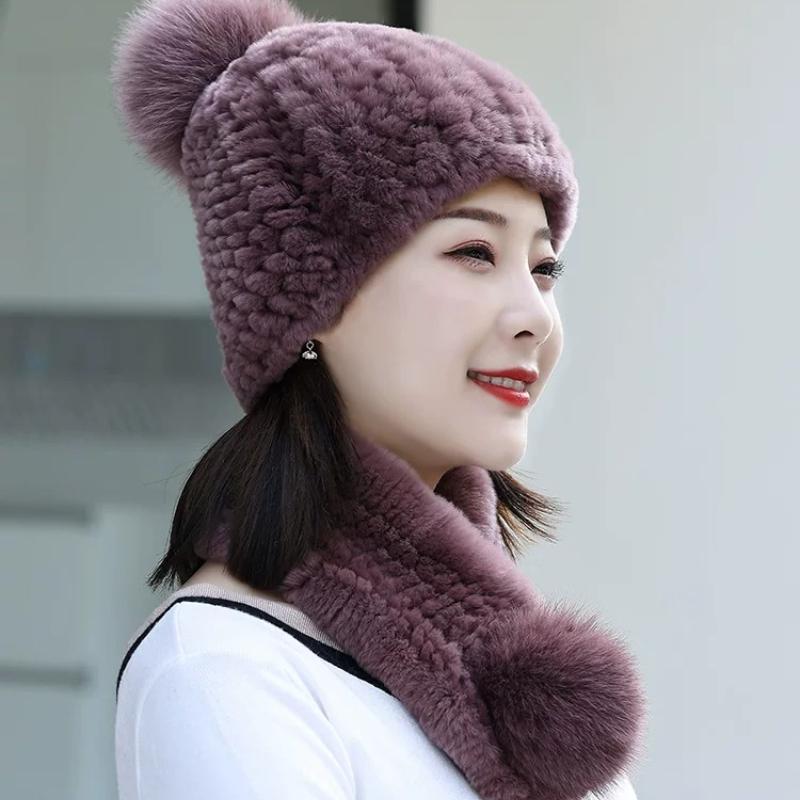 Rex Rabbit Hair Hat Scarf Two-piece Set Women's Winter Fur Hat Set Winter Fashion Warm Middle-aged Mother Hat