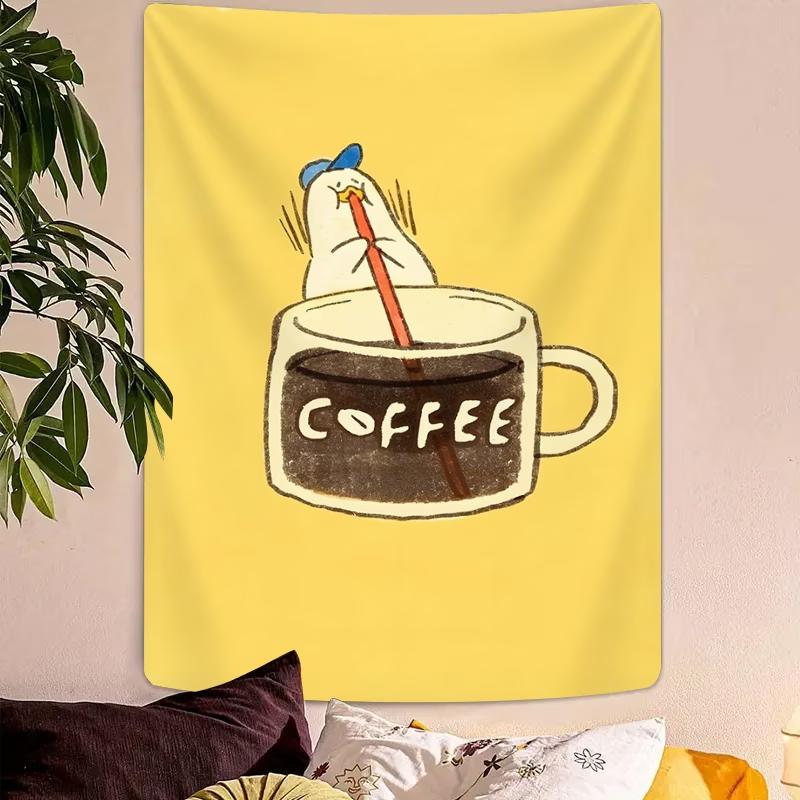 VIKAMA Cute Duck Drinking Coffee Tapestry Yellow Background Art Poster Aesthetic Wall Decor for Coffee Lovers Dorms