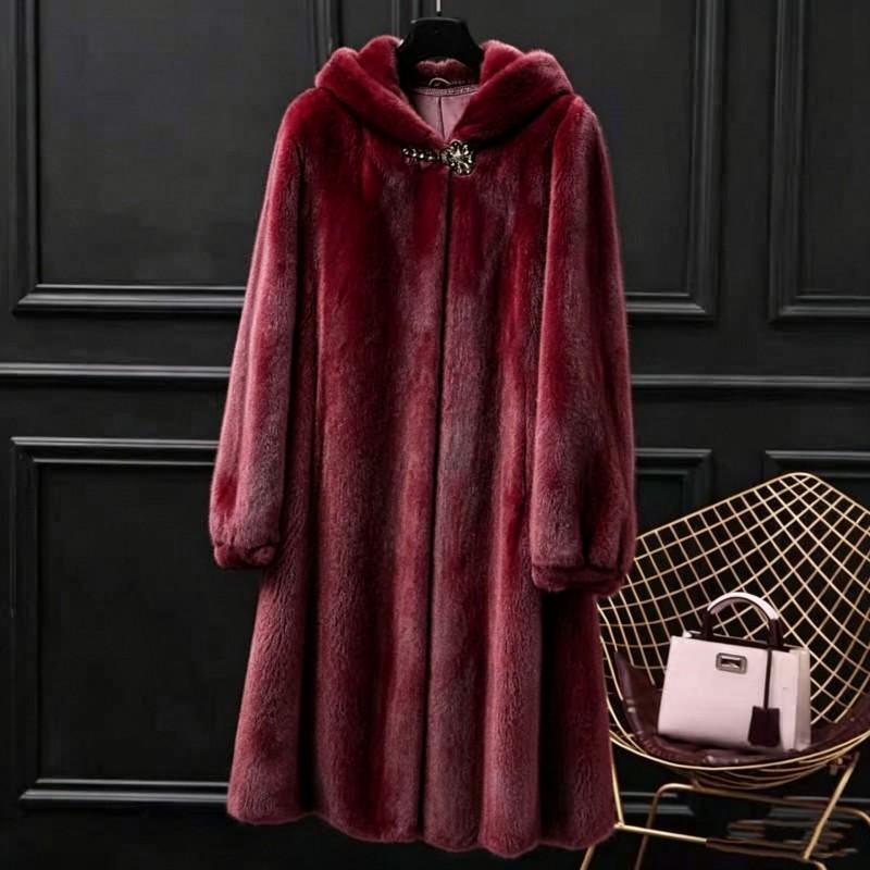 Womens Faux Mink Fur Coat Mid-Length Hooded Winter Warm Outerwear Elegant Casual Wear