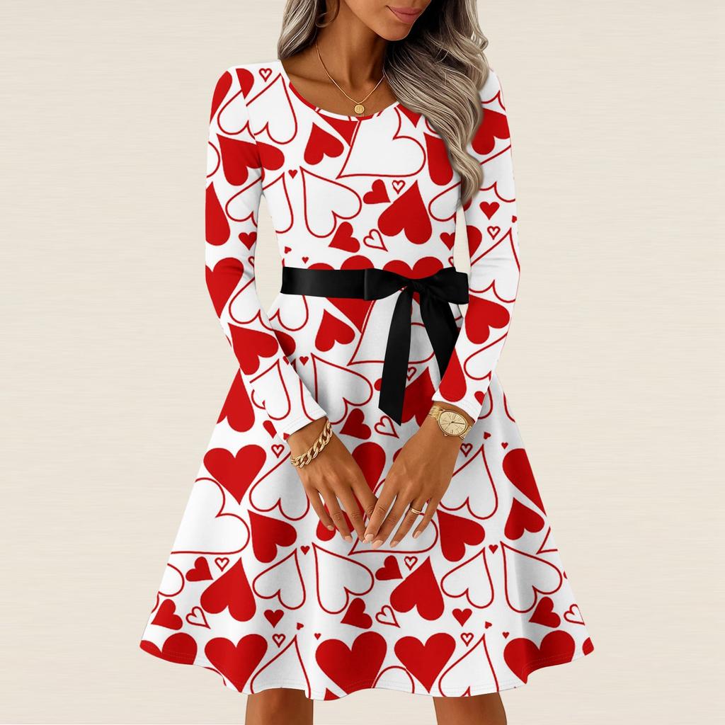 Damen Casual Mode Langarm Vintage Lange Kleider Frühling Valentinstag