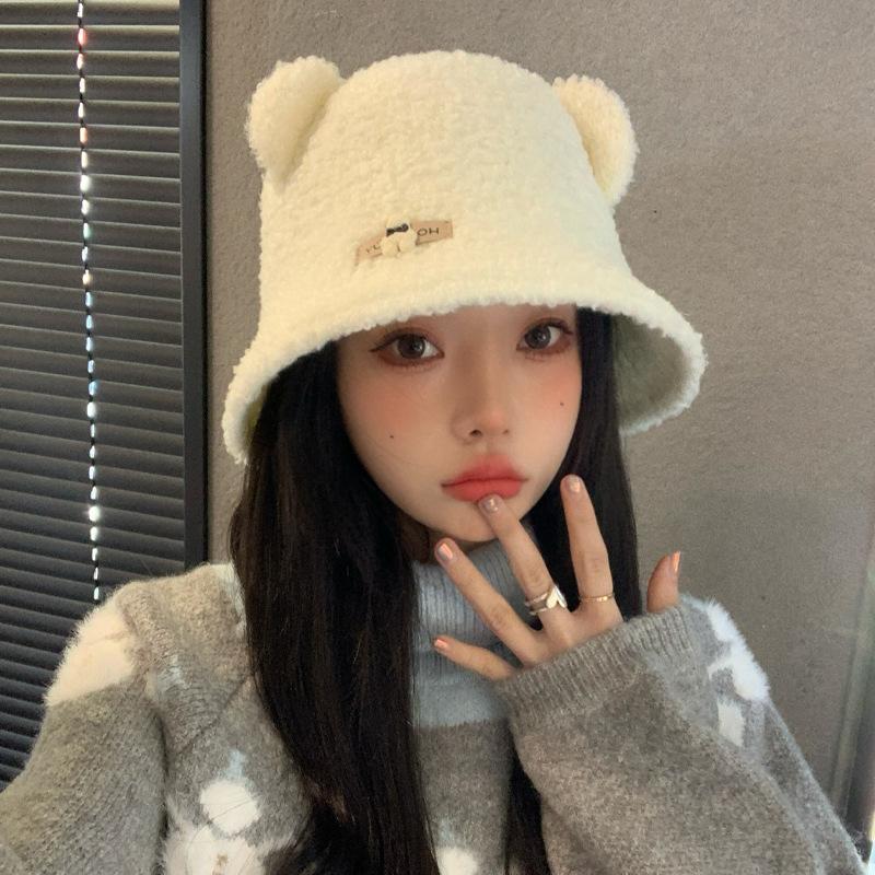 New Autumn and Winter Hat for Women Cute Little Bear Imitation Lamb Velvet Fisherman Hat Warm In Winter To Show The Face Small Pot Hat Trendy
