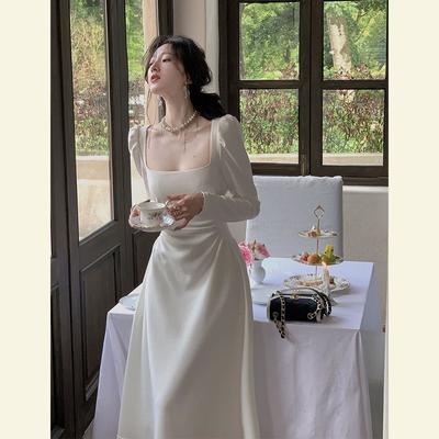 Early Autumn New High-End, Chic, Stunning, Unique, Exquisite White French Women'S Square-Neck Long Dress