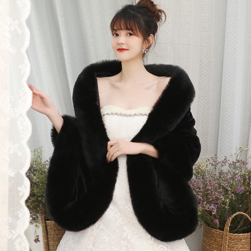 Mantello Scialle in Ecopelliccia da Donna Abito da Sposa Invernale Eleganza Cappotto Senza Maniche Lunghezza Media Bianco Grigio Nero Rosso