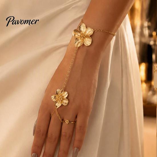 Layered Flower Hand Accessory Gold Chain Link Bracelet with Finger Ring for Integrated Women, Hibiscus Flowers O Bracelet, Floral Fairy Jewelry