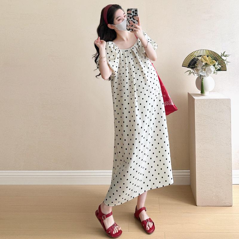 Real Shot 2026 Summer Polka Dot Elegant Retro Maternity Midi Dress 2XL