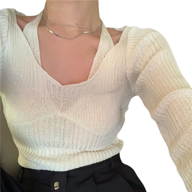 Spring Long Sleeve Slim V Neck Fake Two Piece Knit Top Women Sexy Base Layer Thin Sweater