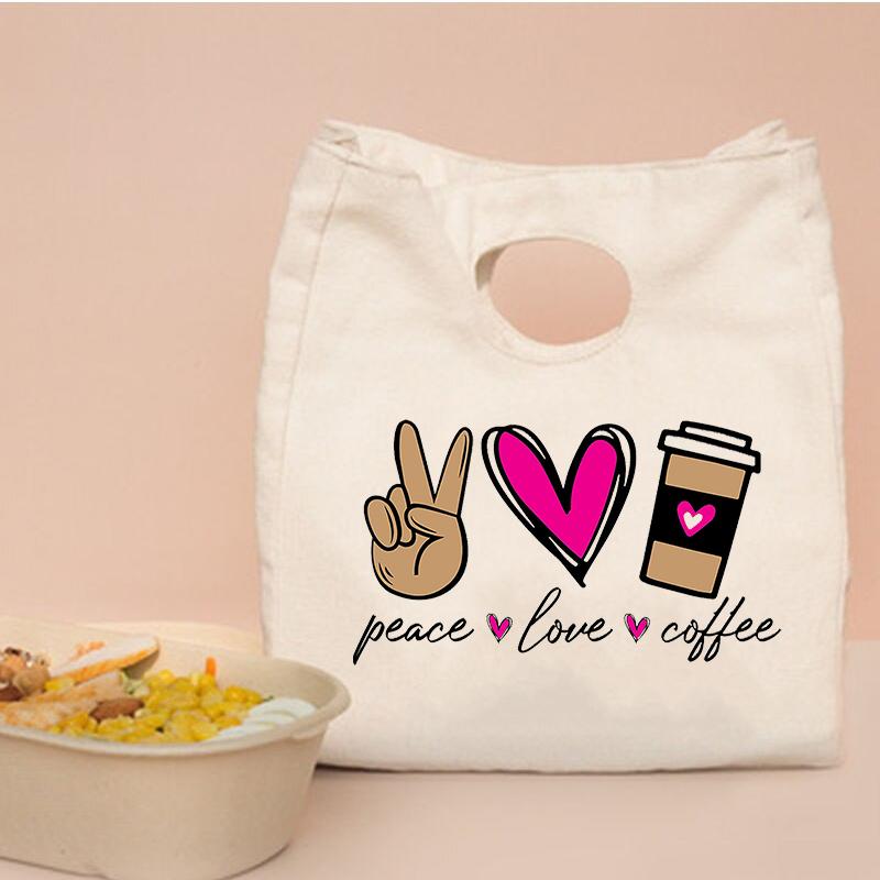 

Peace Love Coffee Print Functional Cooler Lunch Box Portable Insulated Canvas Lunch Bags Thermal Food Picnic Tote for Women Kids