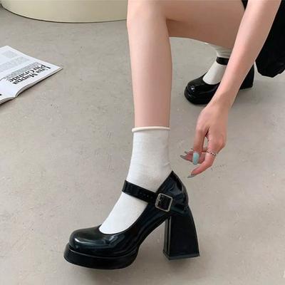 Coarse Heel Temperament High Heels Spring Summer Black Light Mouth Women's Single Shoes One-word Buckle Mary Jane Shoes Tide