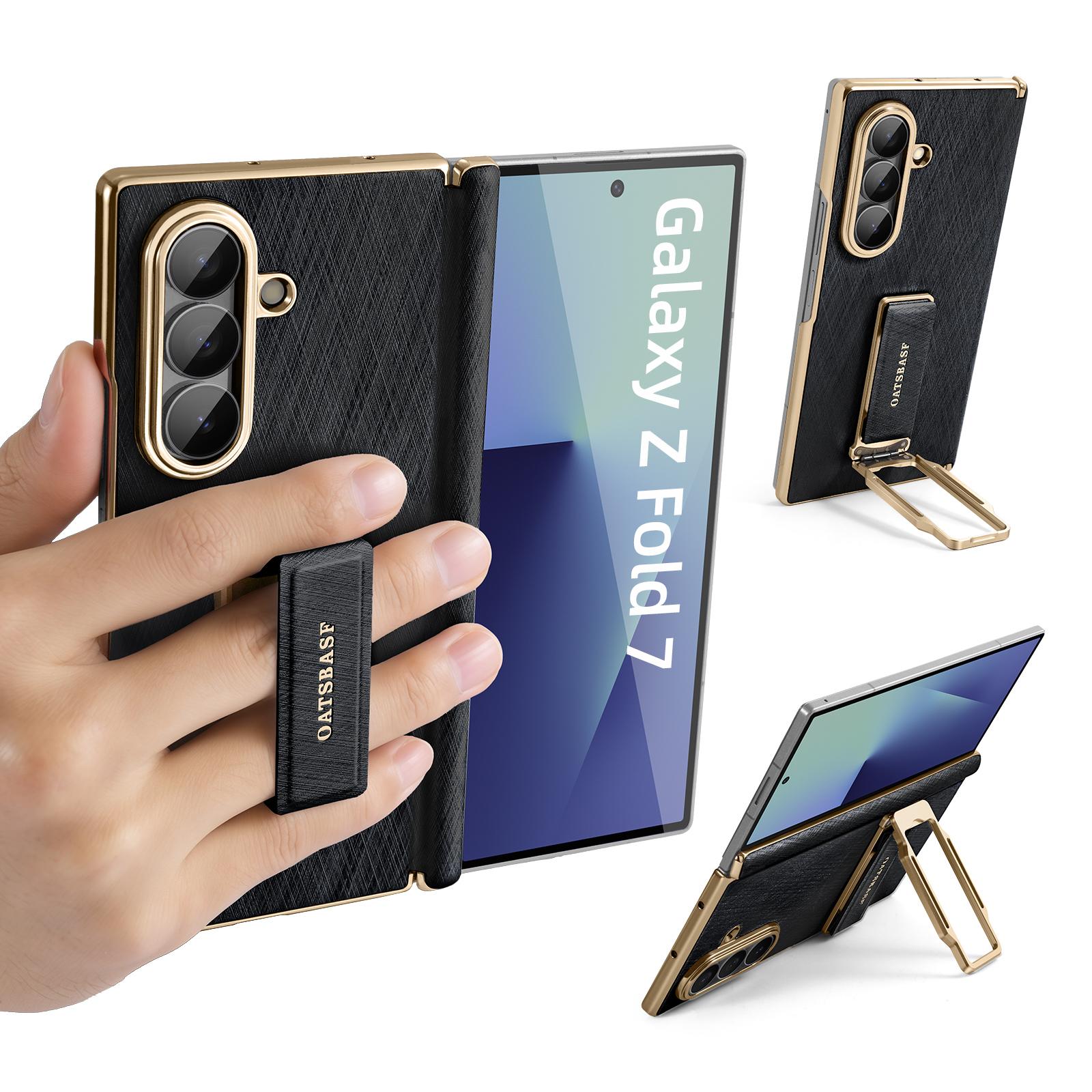 

Oatsbasf Leather Phone Case for Samsung Galaxy Fold 7 with Strap Stand Metal 360° Rotatable Fold 7 Case Bumper Protective Cover Galaxy Z Fold7 чёрный
