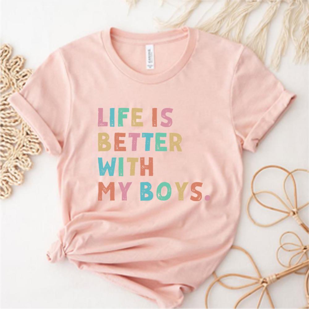 Life Is Better with My Boys T Shirt Mom of Boys Tshirt Mama Boy Shirts Fashion Women Short Sleeves Tops Mothers Day Gift