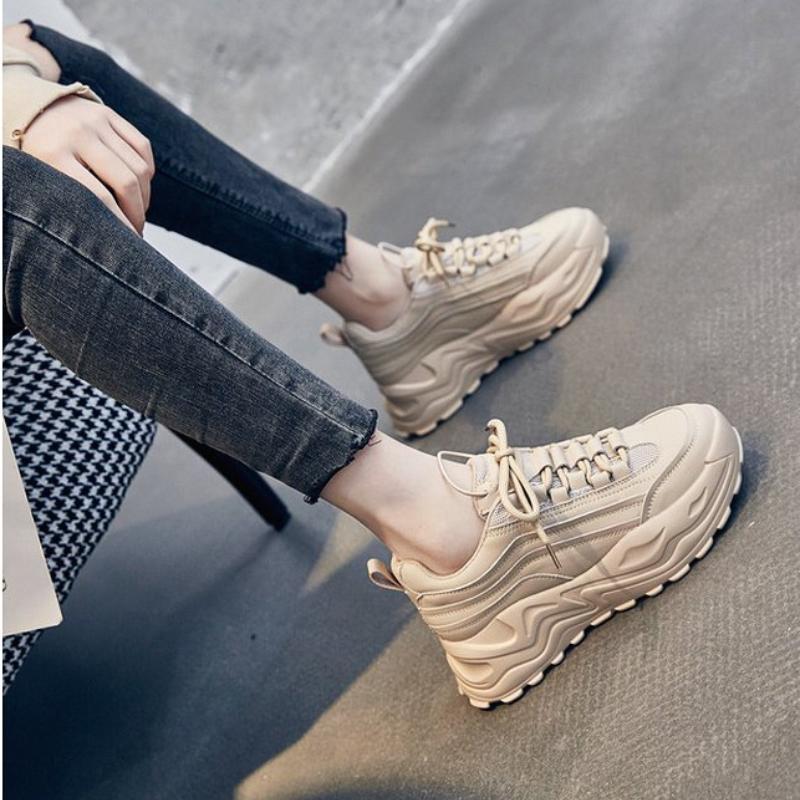 Autumn Women s Thick Bottom Sports Height Increasing Shoes Beige Black Casual Shoes Lace Up Shoes 35 бежевый 5089₽