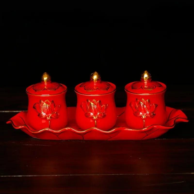 Chinese ceramic Guanyin water supply cup, three supply cups, Buddha cup offering ornaments feng shui  Buddhism