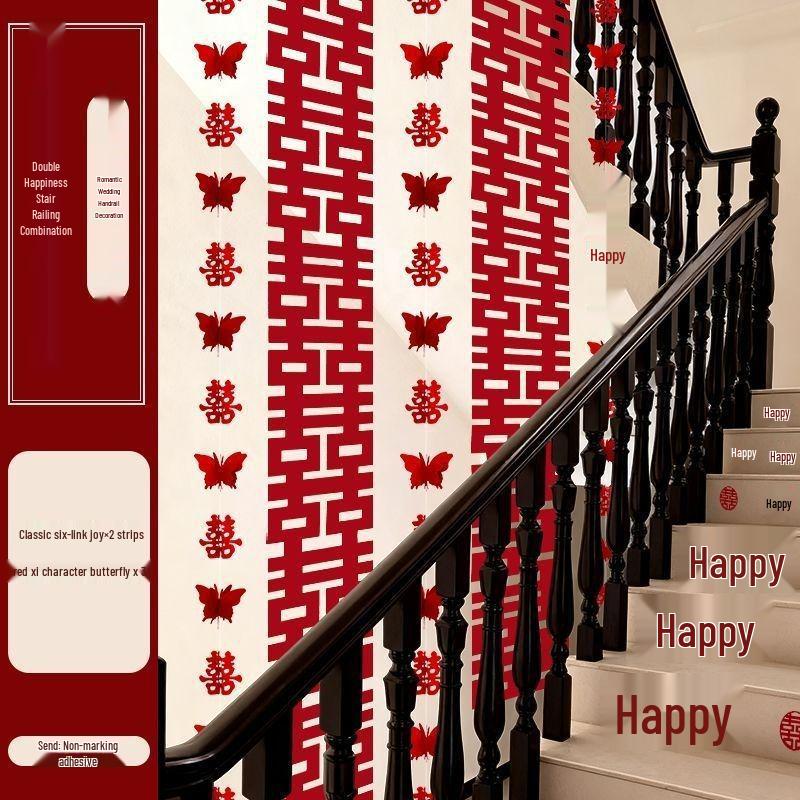 Double Happiness Stair Decor: Rustic Wedding Handrail & Wall Garland Set