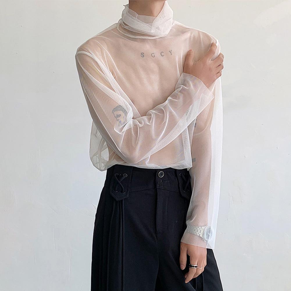 Men Mesh Sheer Turtleneck Casual T-Shirts Nightclub Long Sleeve Base Shirts Mens Undershirt Transparent Tops Club Streetwear