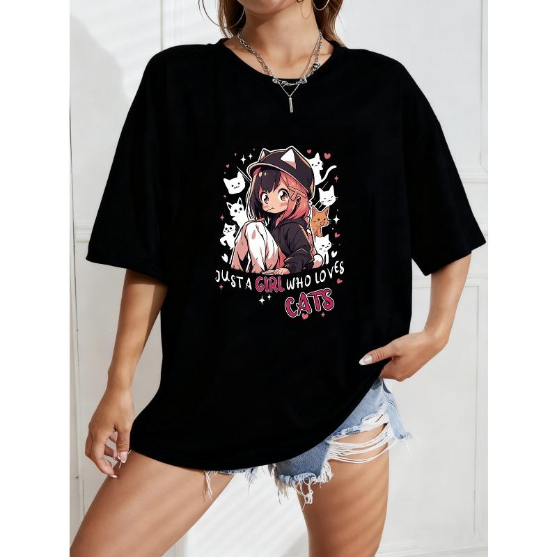 

White Oversized T Shirt With Anime Girl And Cats Print Just A Girl Who Loves Cats Text For Casual Wear XXXXL чорний