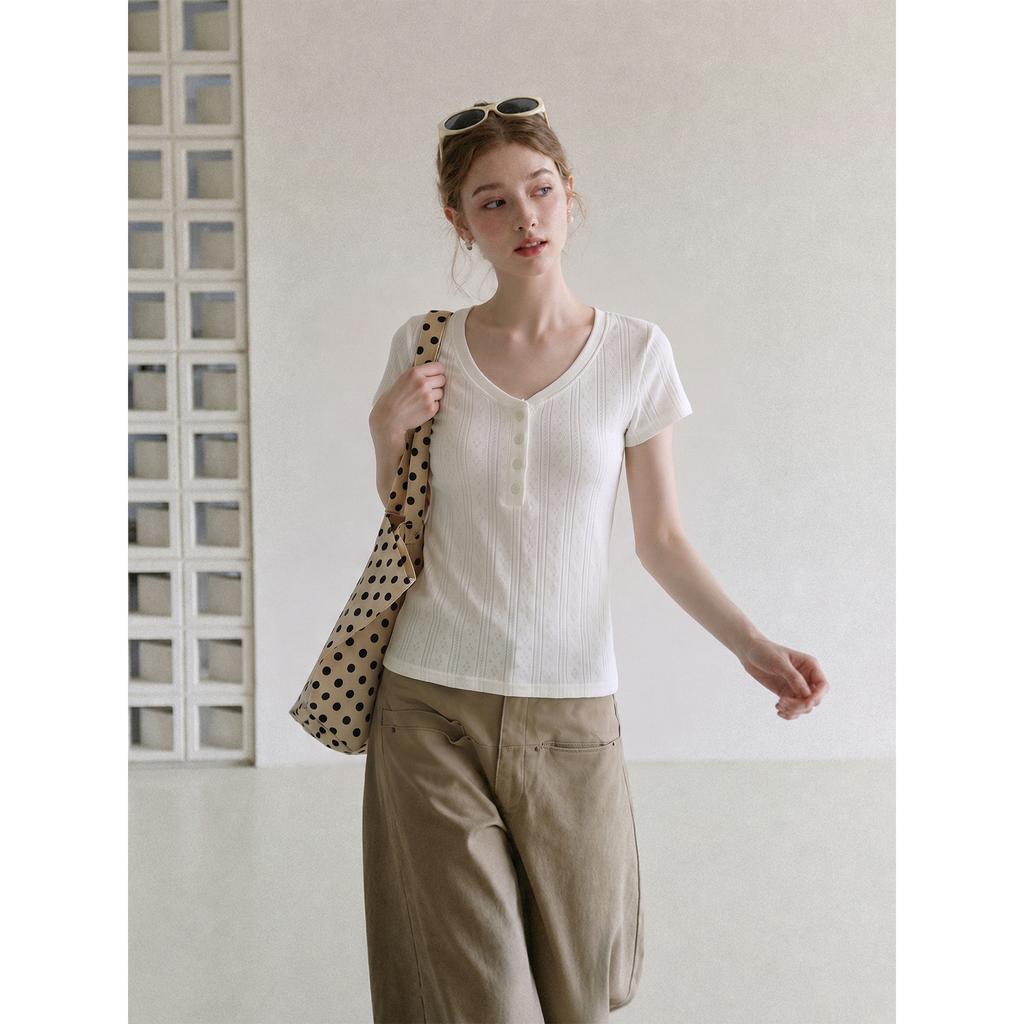Commuter Style White Half-open Neck Front Shoulder Short-sleeved T-shirt Women's Summer New Button-up Slim-fitting Waist Top