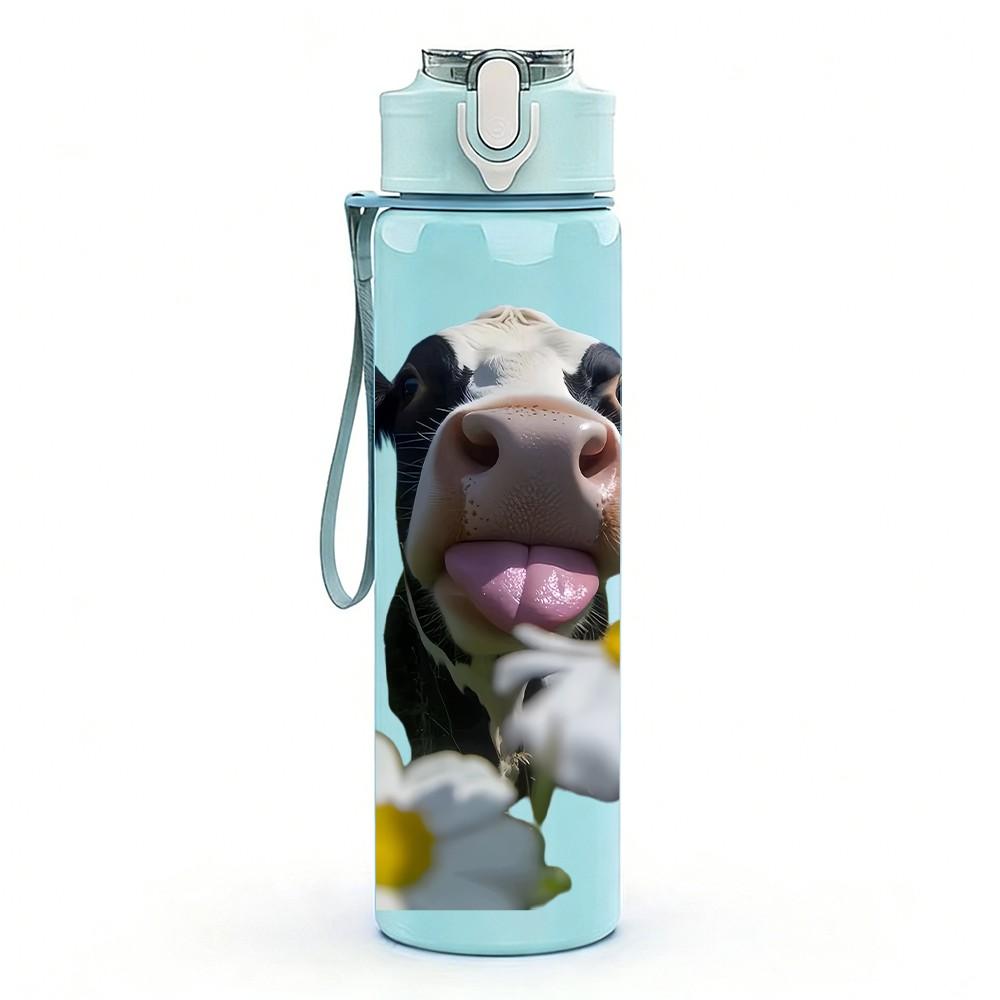 1PC Cow Holding Flower Farm Animal Print 750ml Color Plastic Sports Water Bottle Leakproof Flip Straw Lid Suitable for Sports Office Home Use