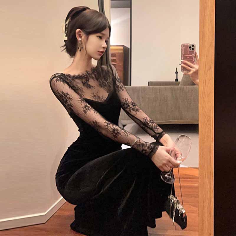 French Pure Lace Stitching Velvet Halter Dress Dress